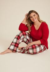 Plus Size Henley Long Sleeve Tee And Wide Leg Pajama Set, REBEL RED COMBO, small