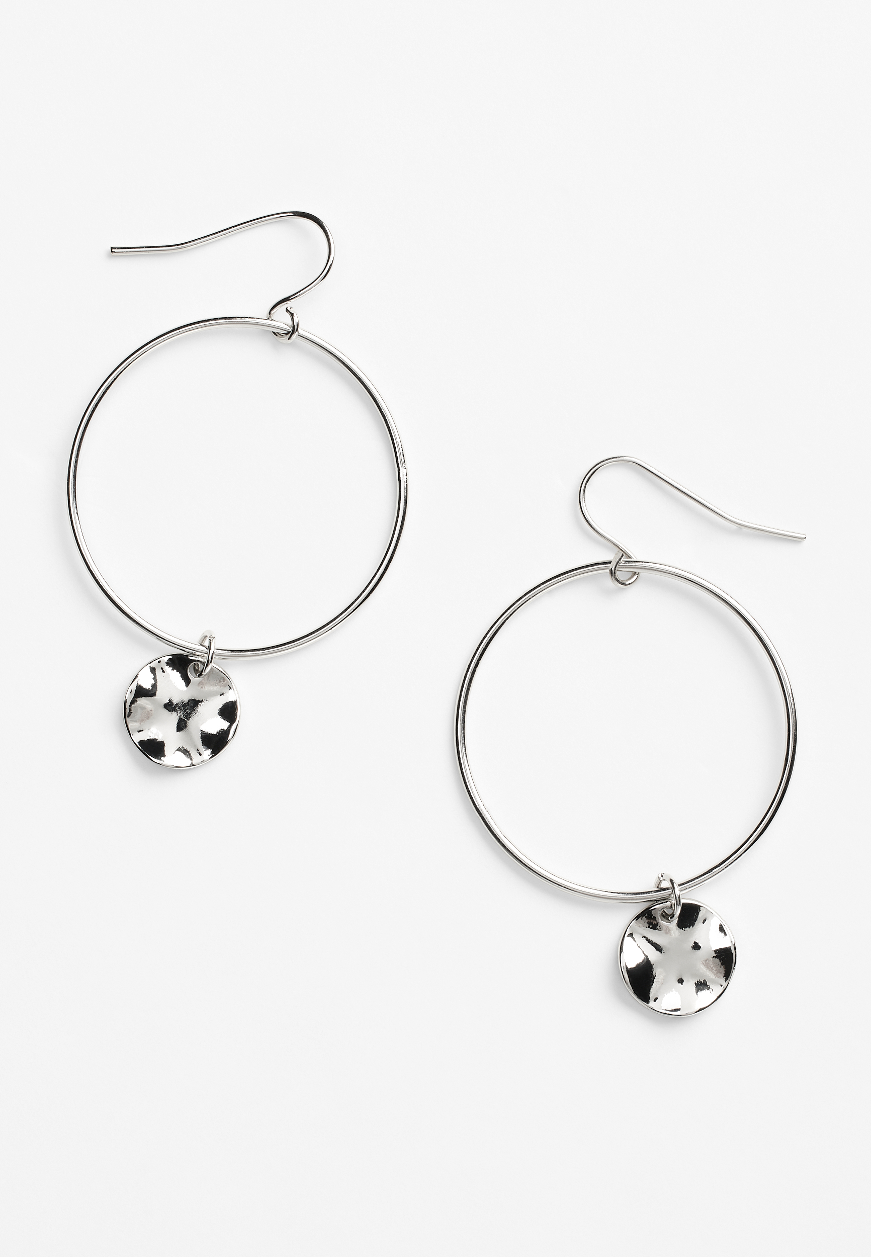 Silver Hammered Disc Charm Hoop Earrings