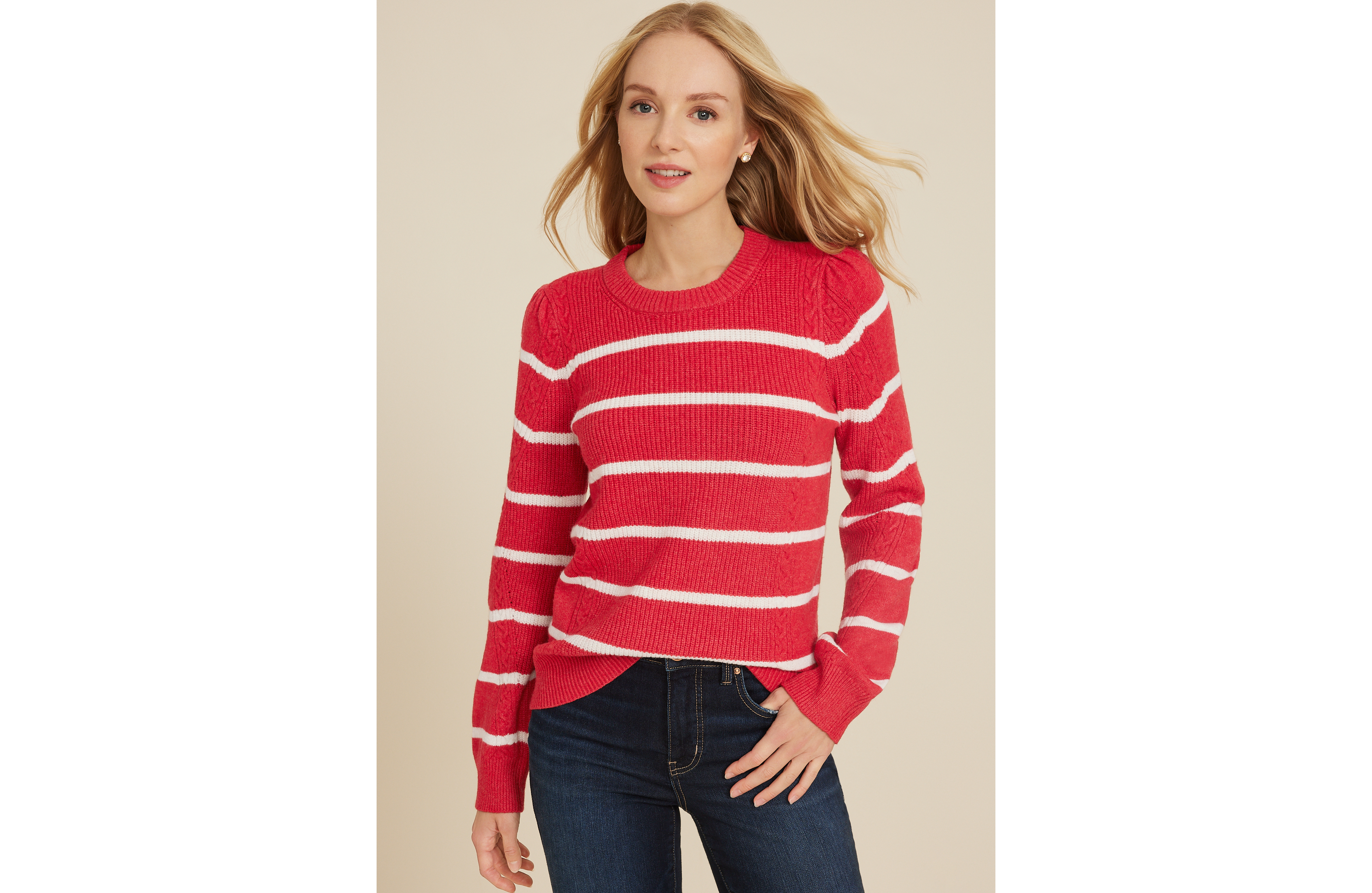 Cabled Dells Puff Sleeve Sweater