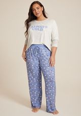 Plus Size Always Cold Graphic Tee And Wide Leg Pajama Set, C9811, small
