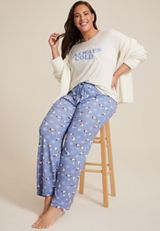 Plus Size Always Cold Graphic Tee And Wide Leg Pajama Set, C9811, small