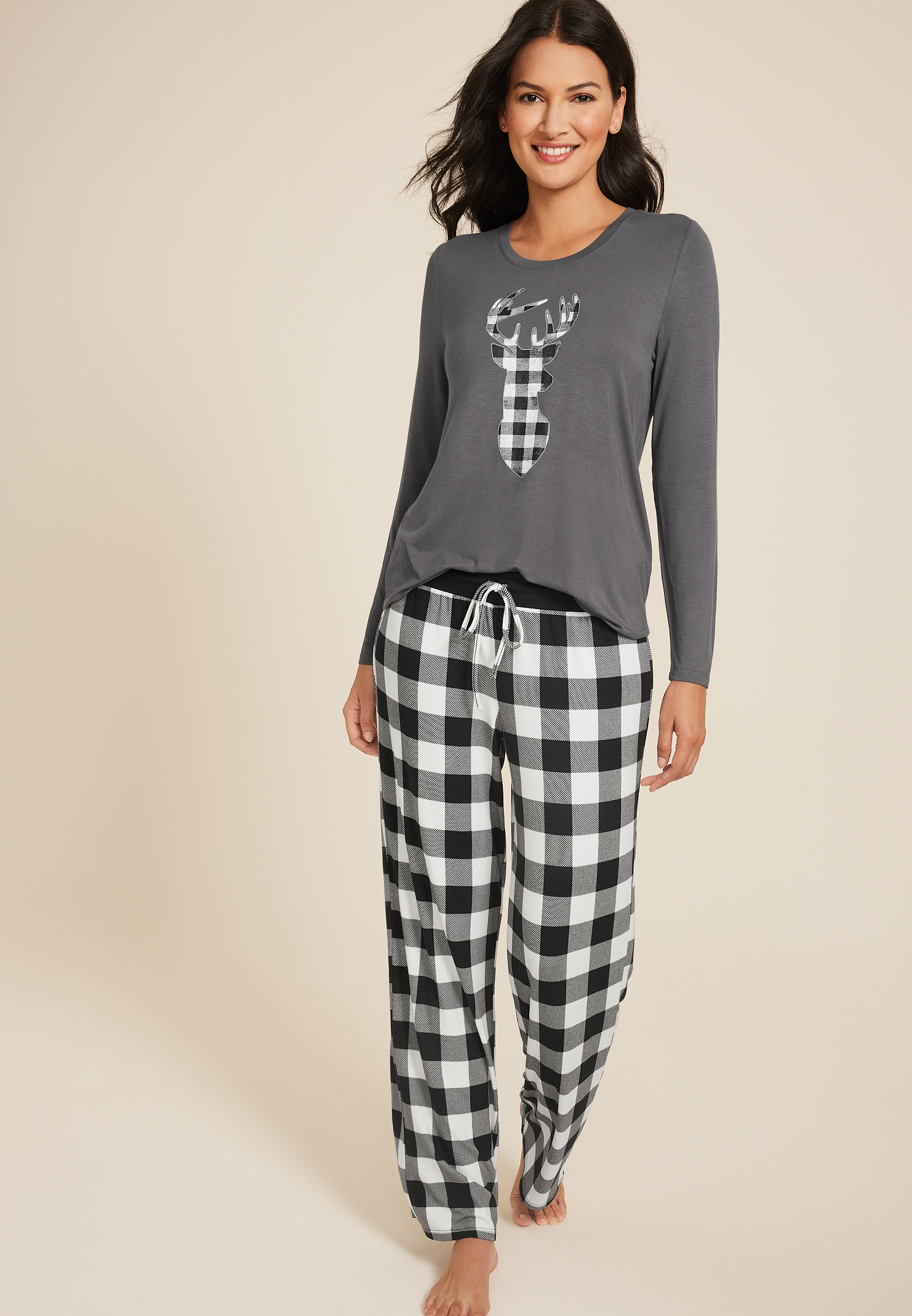 Buffalo Plaid Reindeer Graphic Tee And Wide Leg Pajama Set