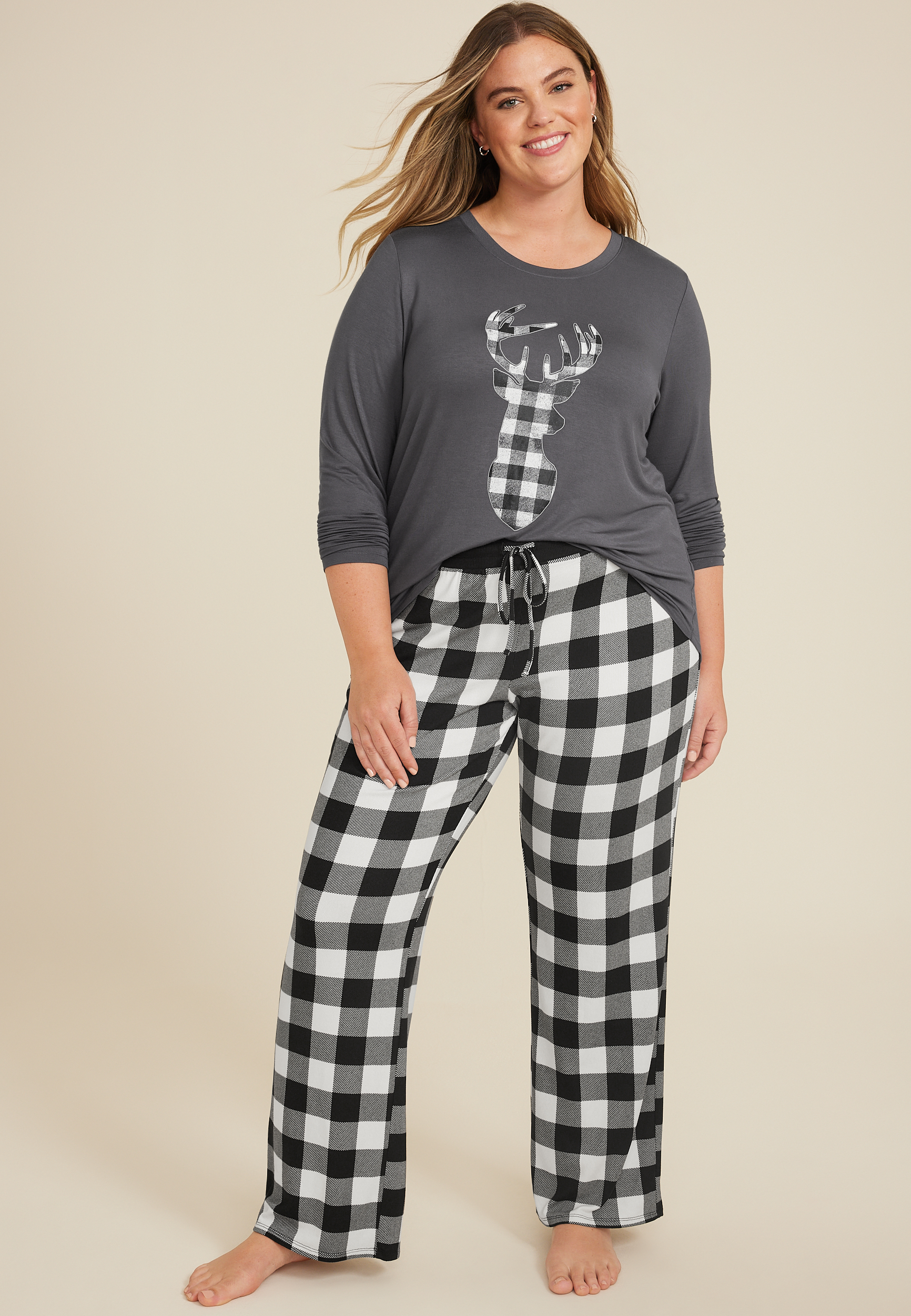 Plus Buffalo Plaid Reindeer Graphic Tee And Wide Leg Pajama Set