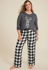 Plus Size Buffalo Plaid Reindeer Graphic Tee And Wide Leg Pajama Set, C2660, small
