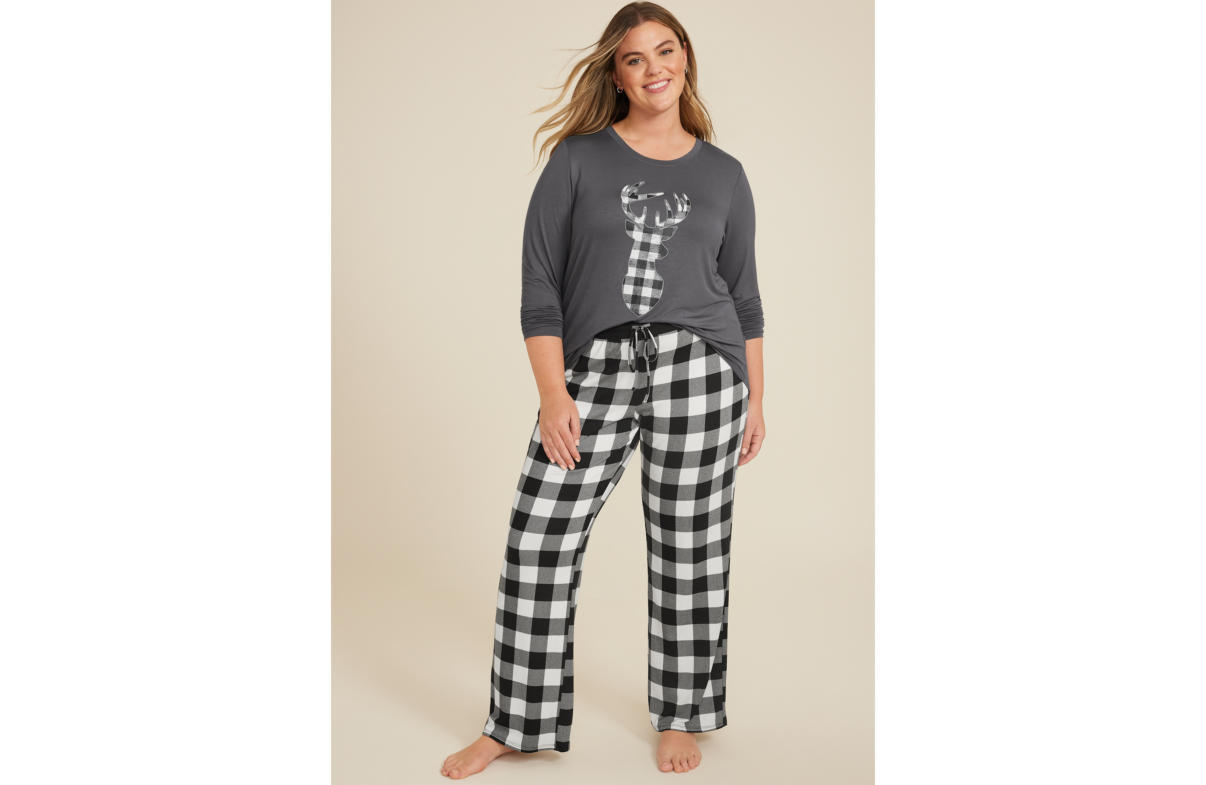 Plus Buffalo Plaid Reindeer Graphic Tee And Wide Leg Pajama Set