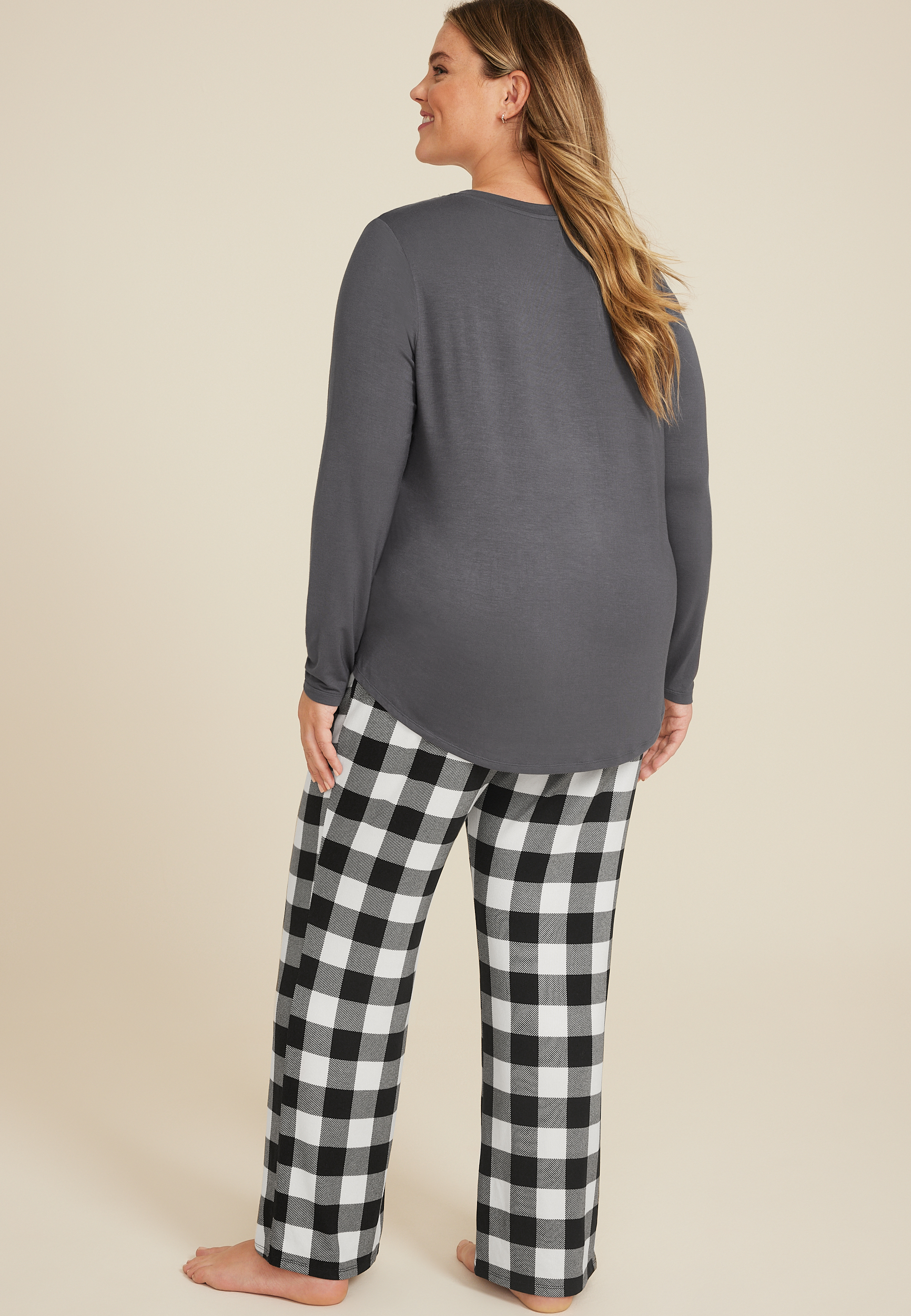 Plus Size Buffalo Plaid Reindeer Graphic Tee And Wide Leg Pajama Set, C2660, large