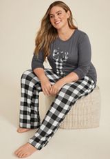 Plus Size Buffalo Plaid Reindeer Graphic Tee And Wide Leg Pajama Set, C2660, small
