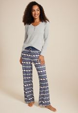 Henley Long Sleeve Tee And Wide Leg Pajama Set, C2823, small