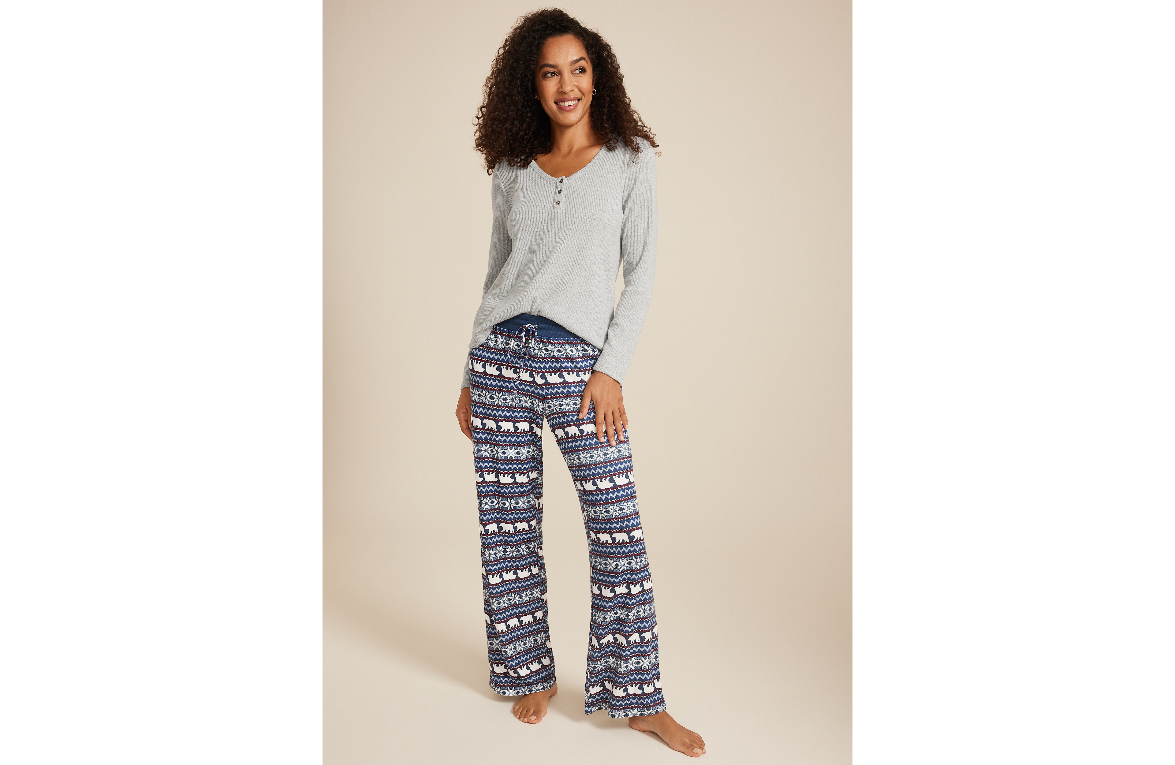 Henley Long Sleeve Tee And Wide Leg Pajama Set