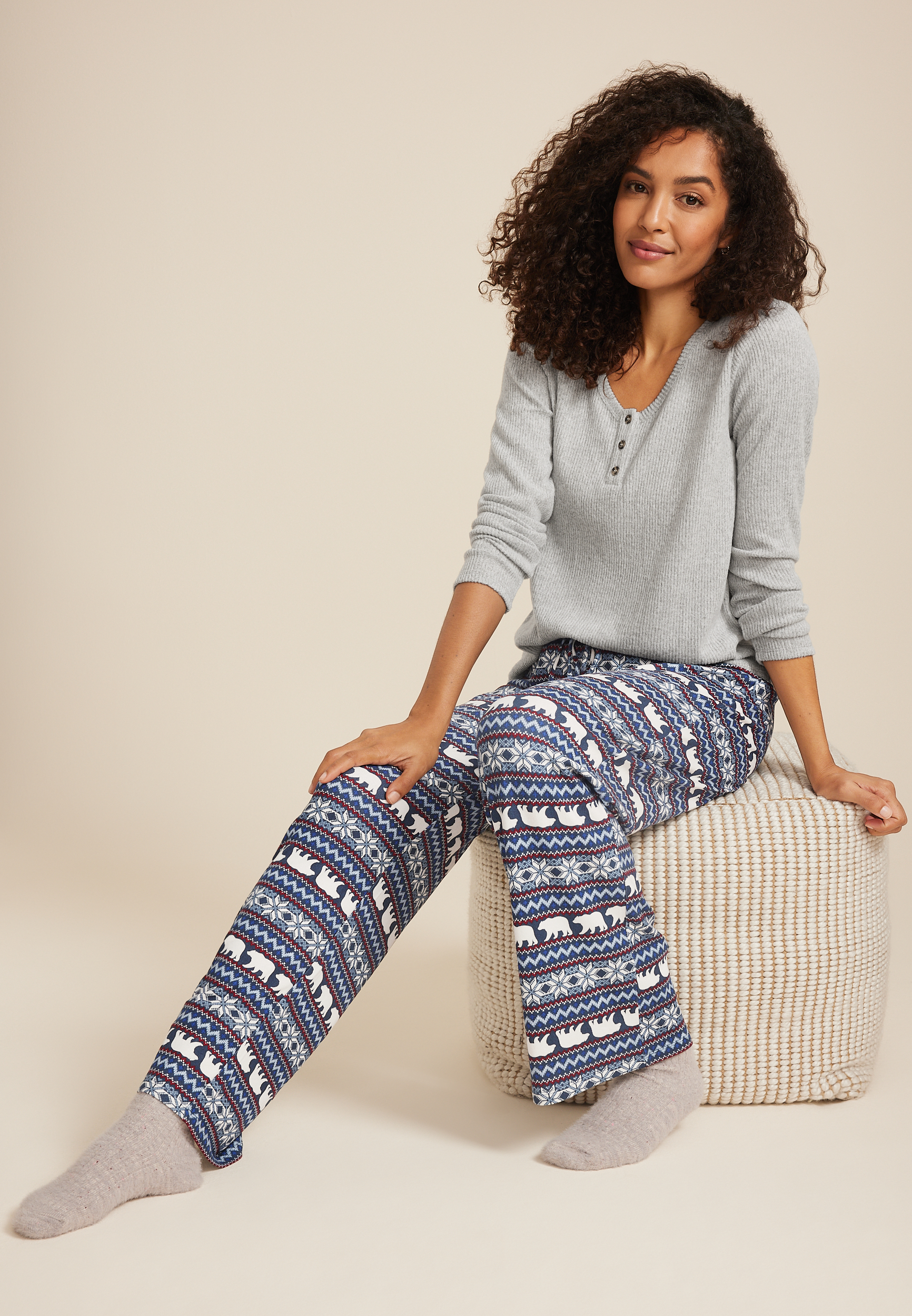 Henley Long Sleeve Tee And Wide Leg Pajama Set, C2823, large