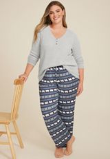 Plus Size Henley Long Sleeve Tee And Wide Leg Pajama Set, C2823, small
