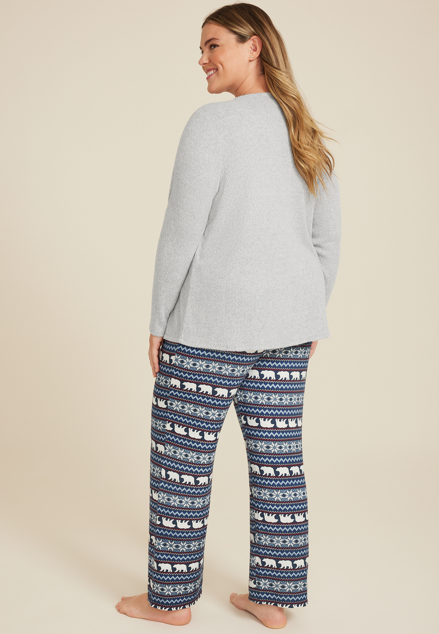 Plus Size Henley Long Sleeve Tee And Wide Leg Pajama Set, C2823, large