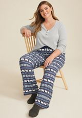 Plus Size Henley Long Sleeve Tee And Wide Leg Pajama Set, C2823, small