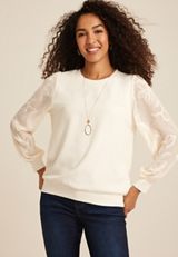 Floral Embroidered Long Sleeve Top, ECRU, small
