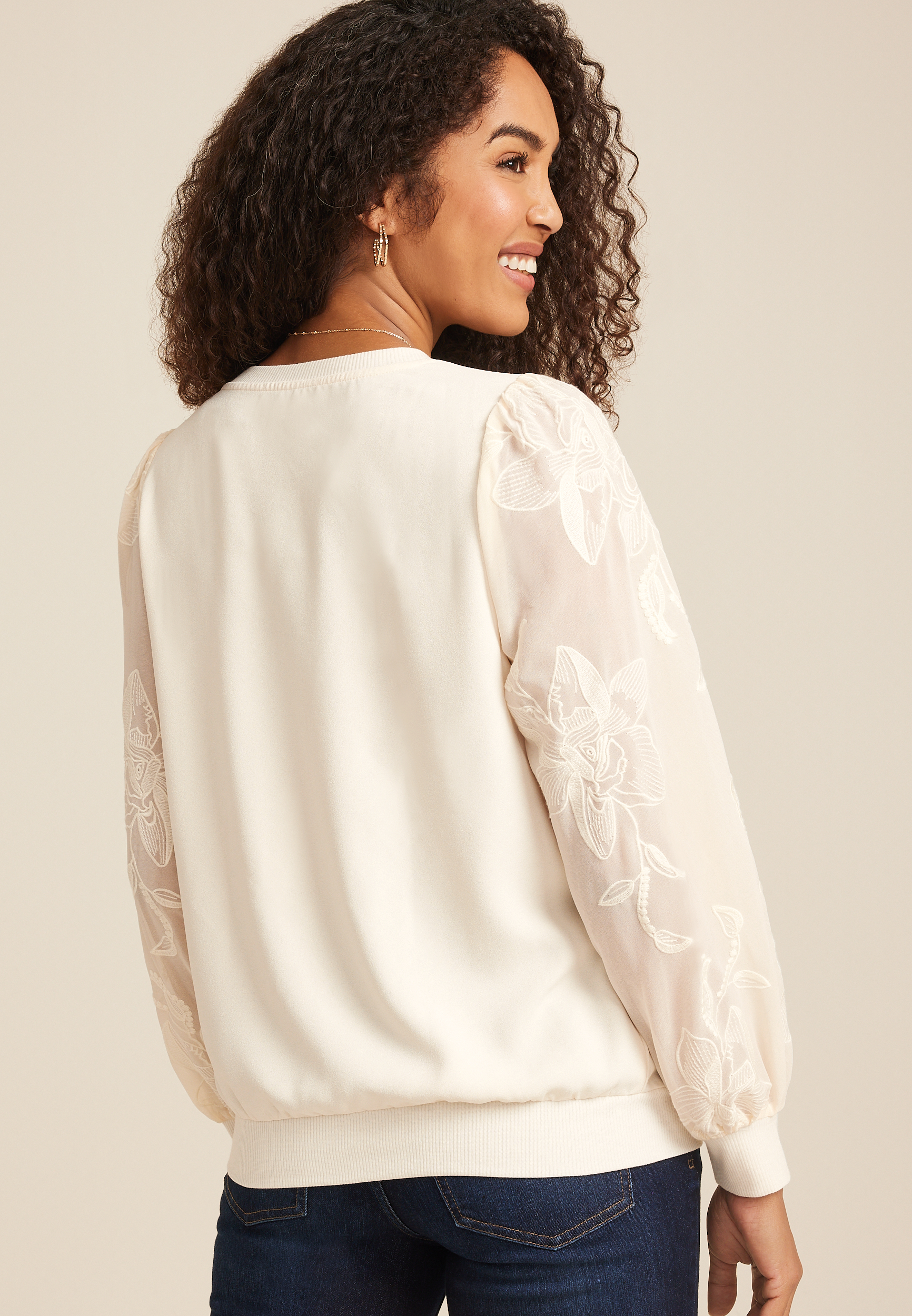 Floral Embroidered Long Sleeve Top, ECRU, large
