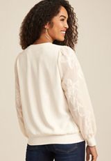 Floral Embroidered Long Sleeve Top, ECRU, small