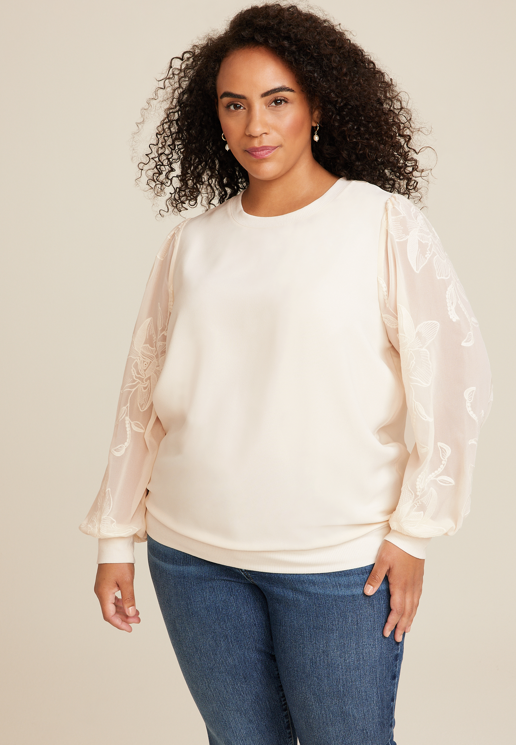 Plus Floral Embroidered Long Sleeve Top