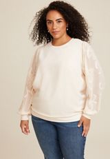 Plus Size Floral Embroidered Long Sleeve Top, C2789, small