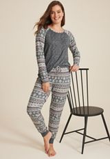 Fair Isle Snowflake Raglan Top and Jogger Pajama Set, HEATHER GRAY COMBO, small