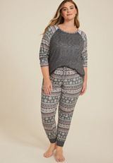 Plus Size Fair Isle Snowflake Raglan Top and Jogger Pajama Set, HEATHER GRAY COMBO, small