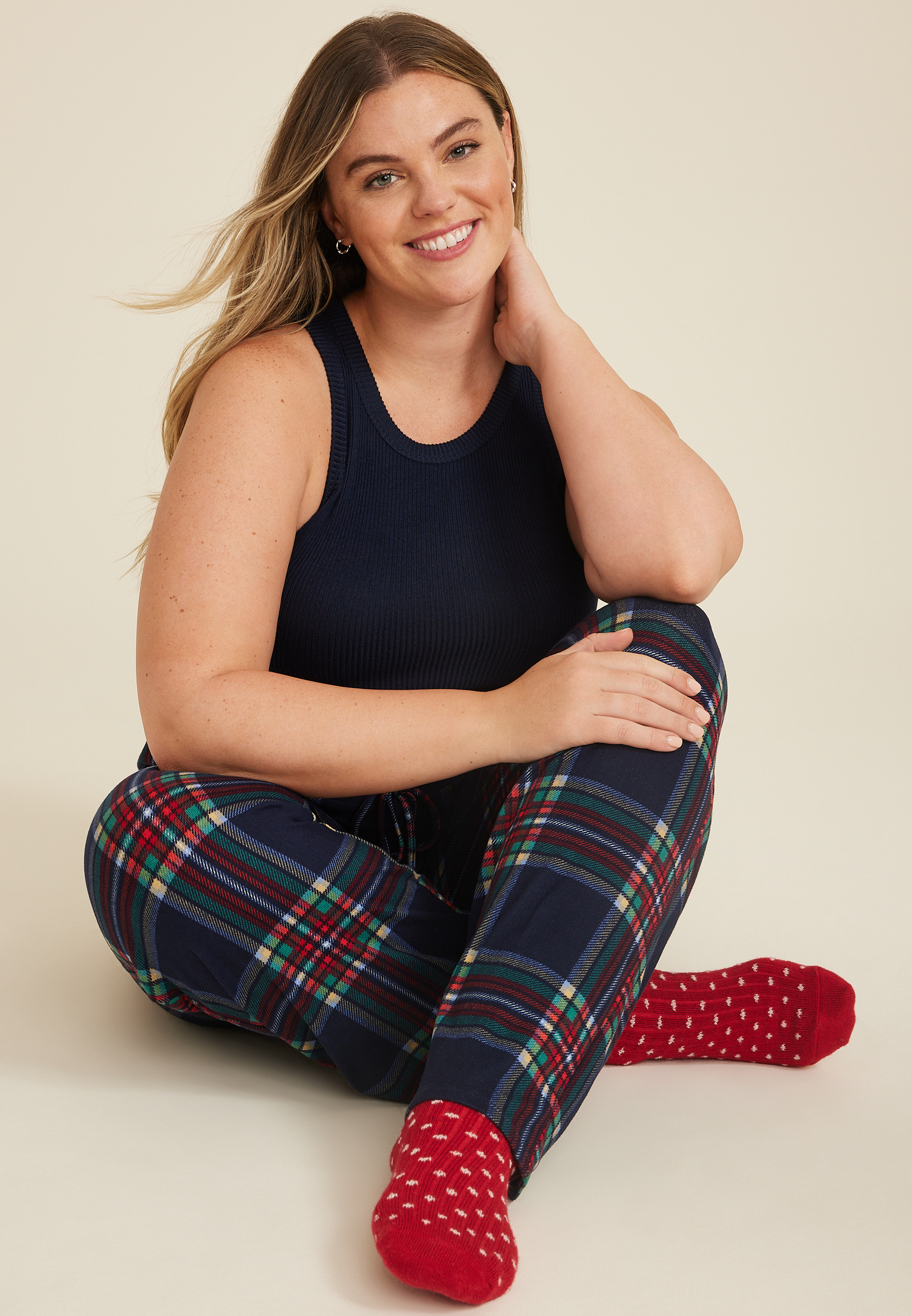 Plus Size Plaid Hacci Wide Leg Pajama Pants, C1943, large