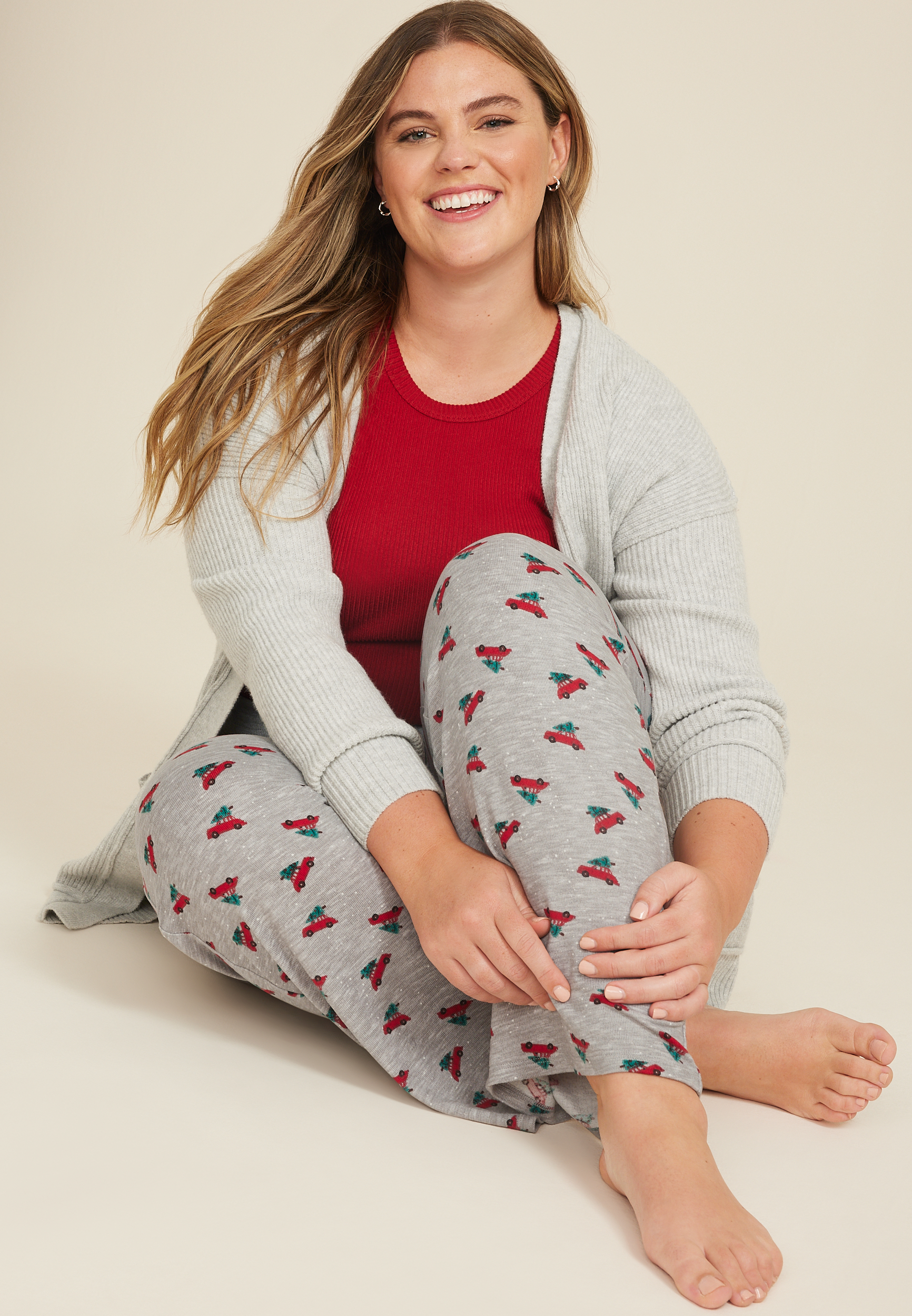 Plus Size Holiday Red Car Hacci Wide Leg Pajama Pants, C1942, large
