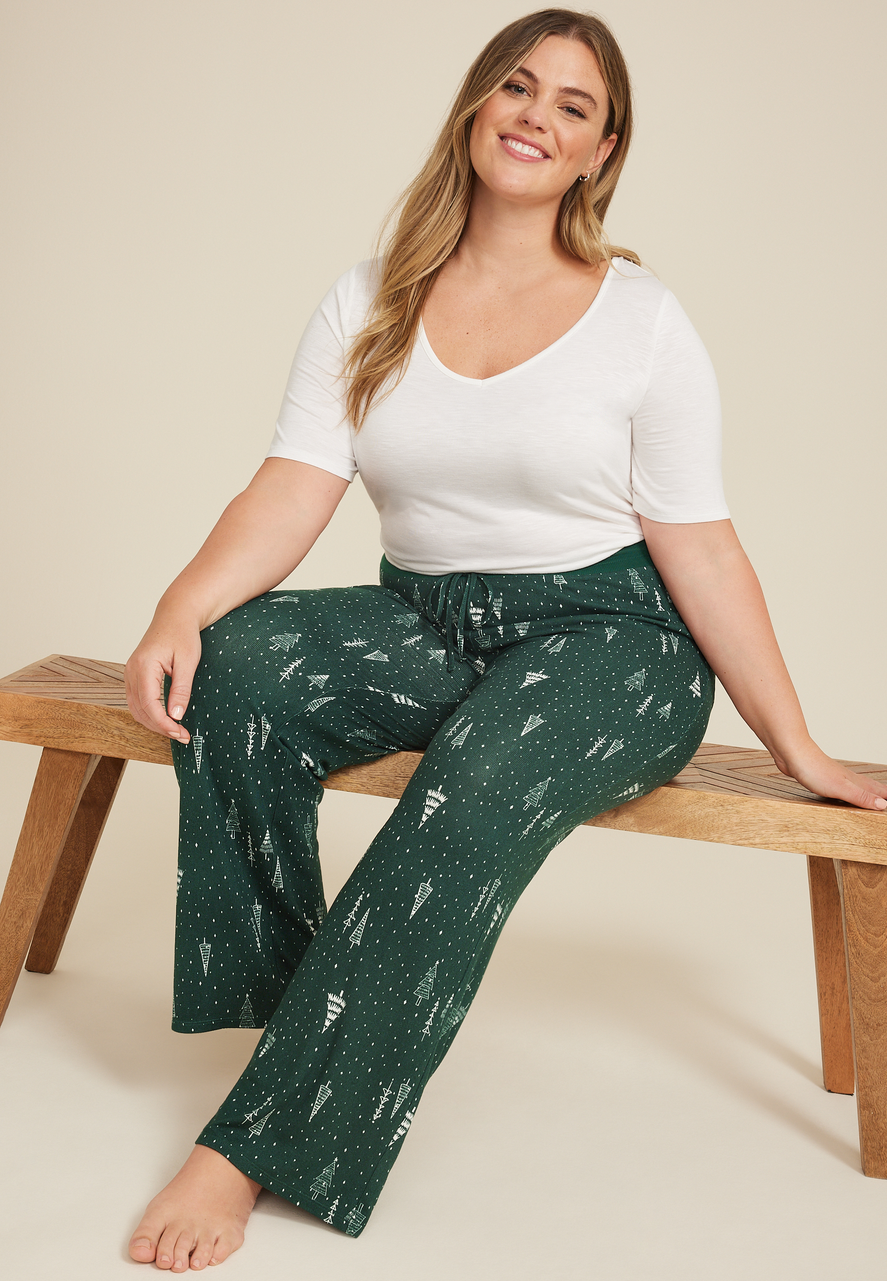 Plus Size Winter Tree Hacci Wide Leg Pajama Pants, C3409, large
