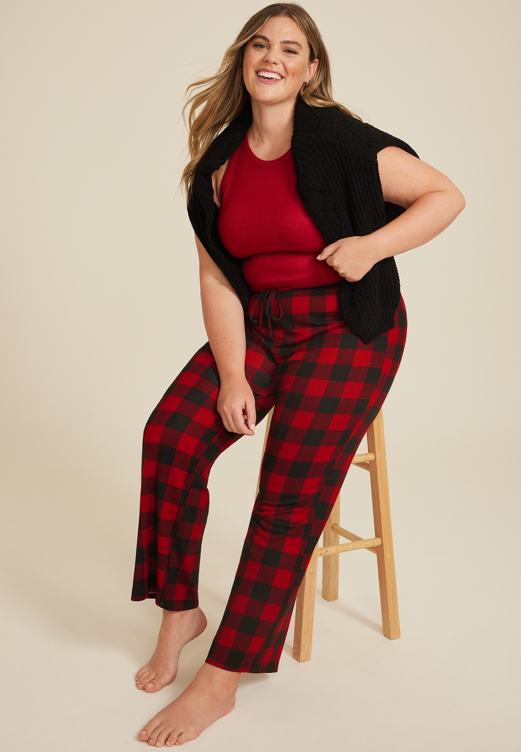 Plus Size Buffalo Plaid Hacci Wide Leg Pajama Pants, C7044, large