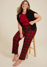 Plus Size Buffalo Plaid Hacci Wide Leg Pajama Pants, C7044, small