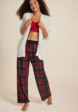 Tartan Plaid Hacci Wide Leg Pajama Pants, BLACK COMBO, small