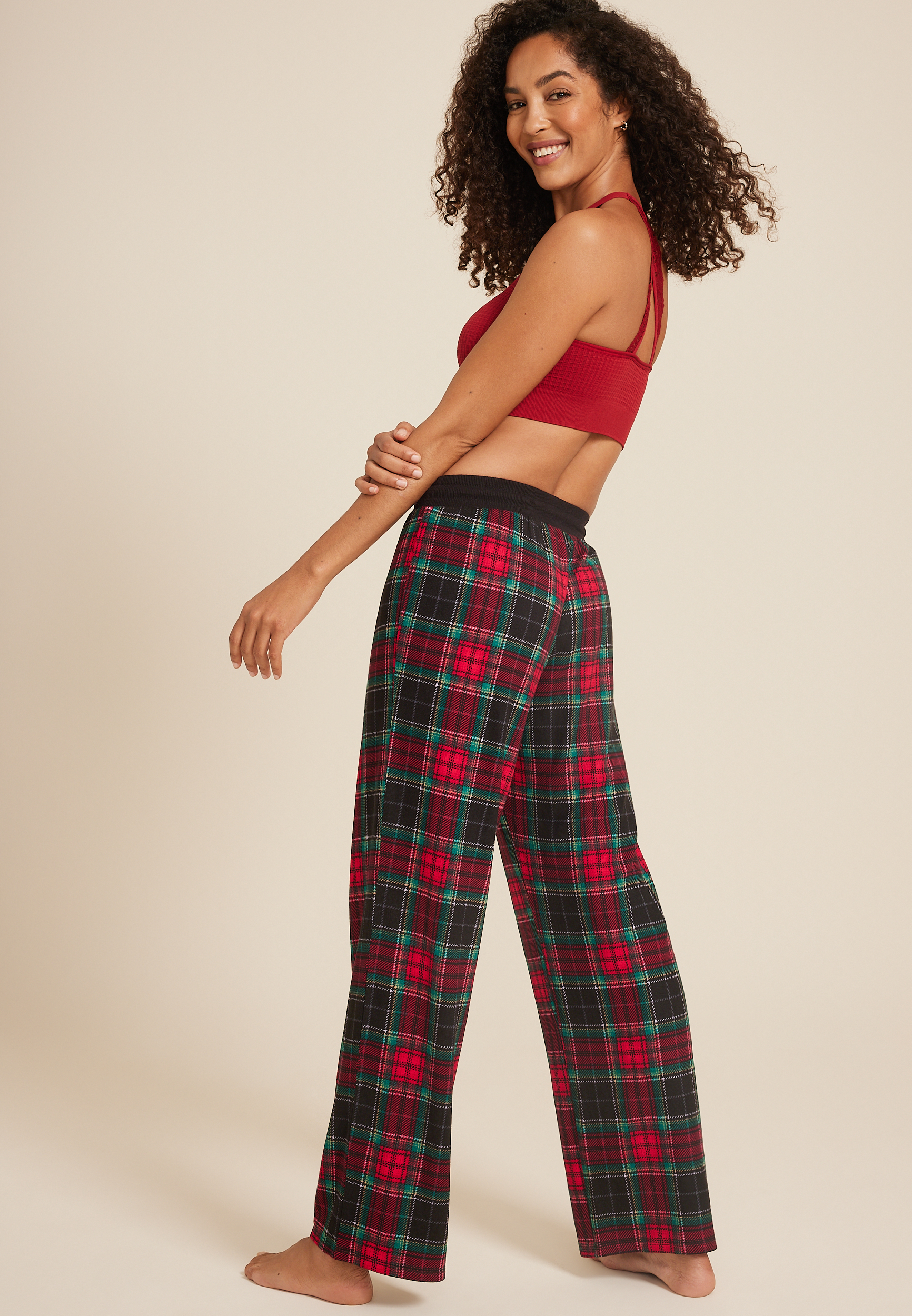 Tartan Plaid Hacci Wide Leg Pajama Pants, BLACK COMBO, large
