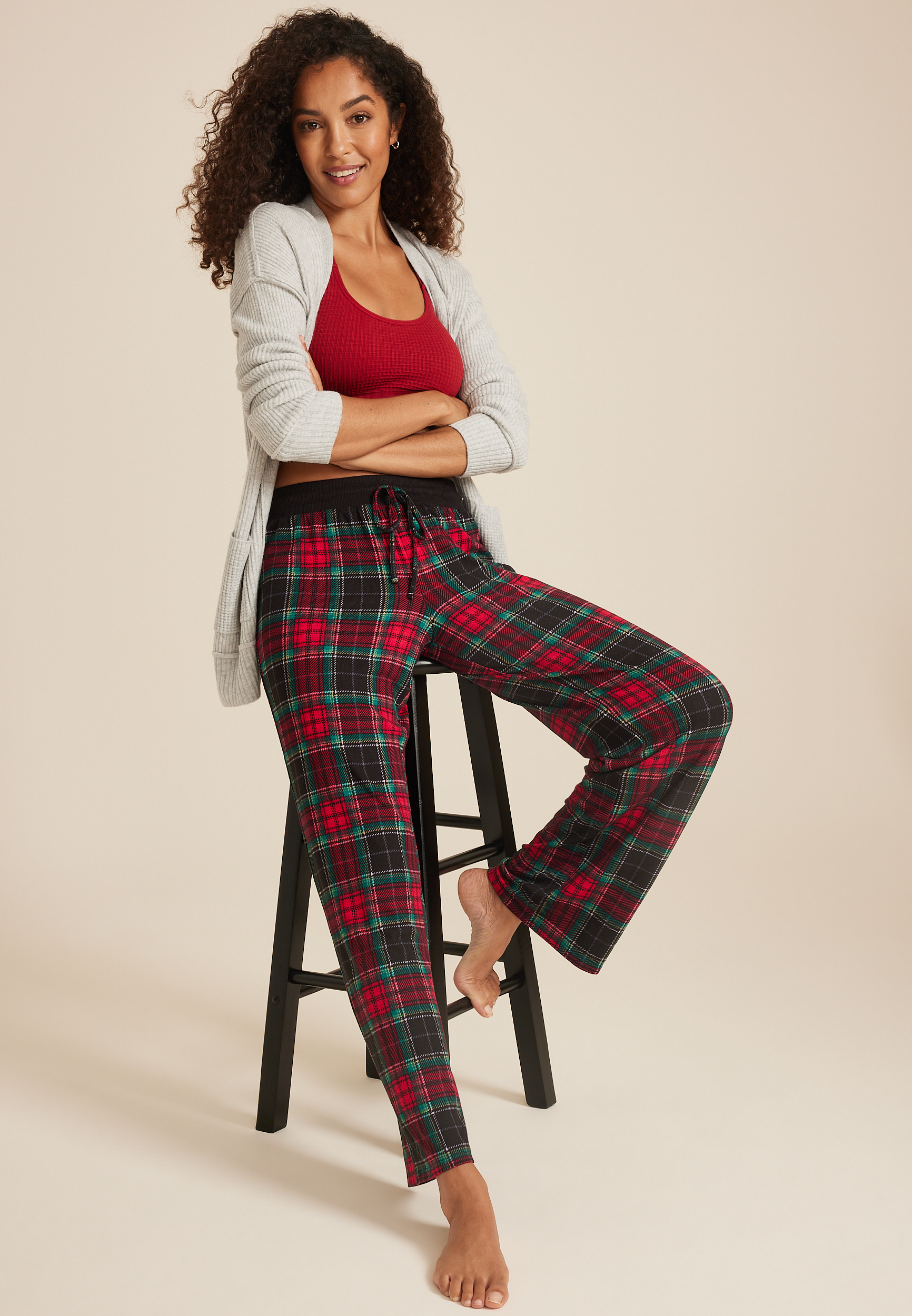Tartan Plaid Hacci Wide Leg Pajama Pants, BLACK COMBO, large