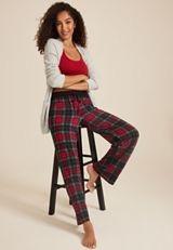 Tartan Plaid Hacci Wide Leg Pajama Pants, BLACK COMBO, small