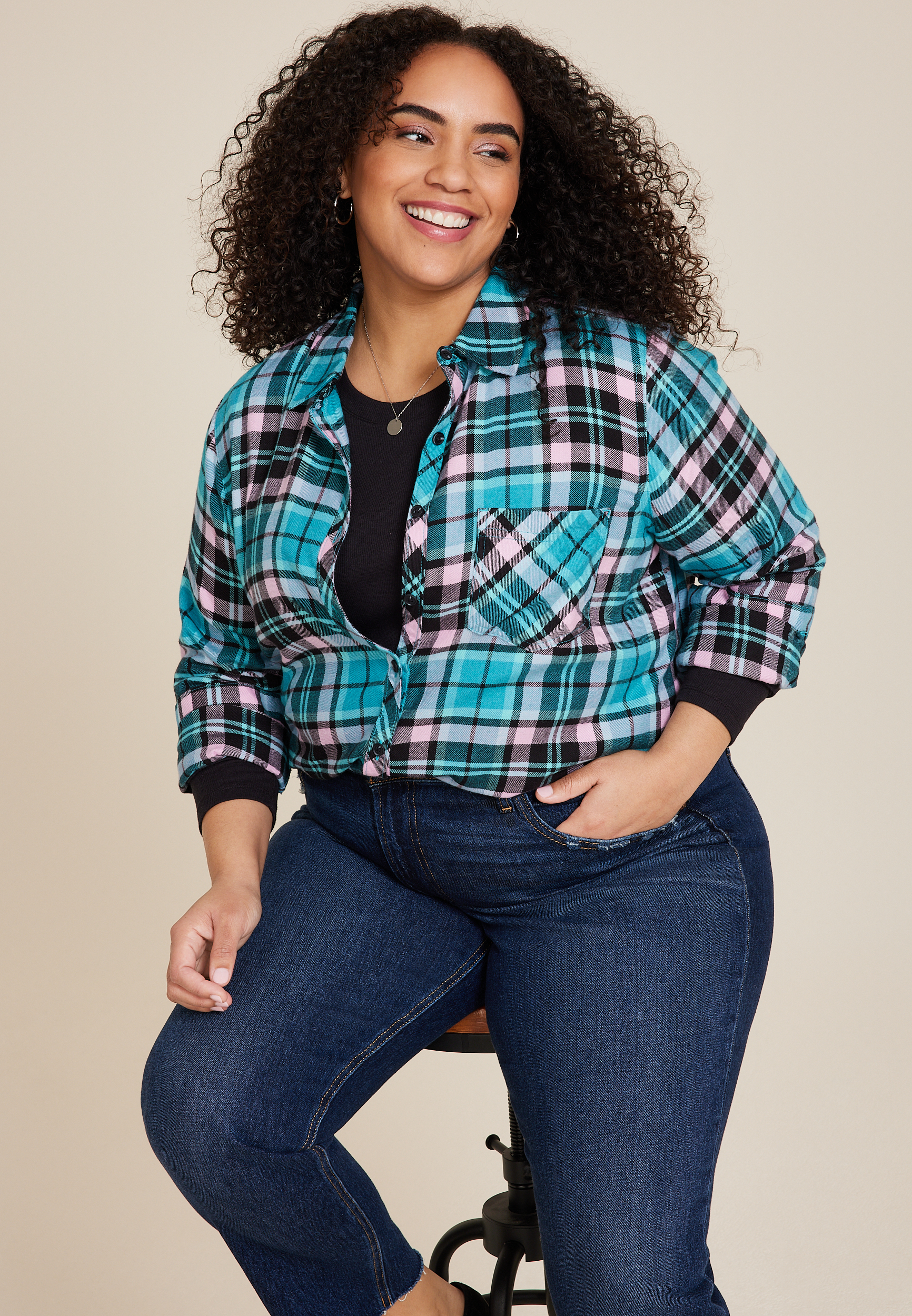 Plus Size Cabin Plaid Classic Button Down Shirt, C2574, large