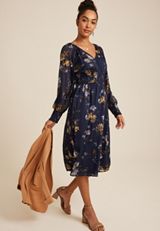 Floral Long Sleeve Midi Dress, BLUE JASMINE COMBO, small