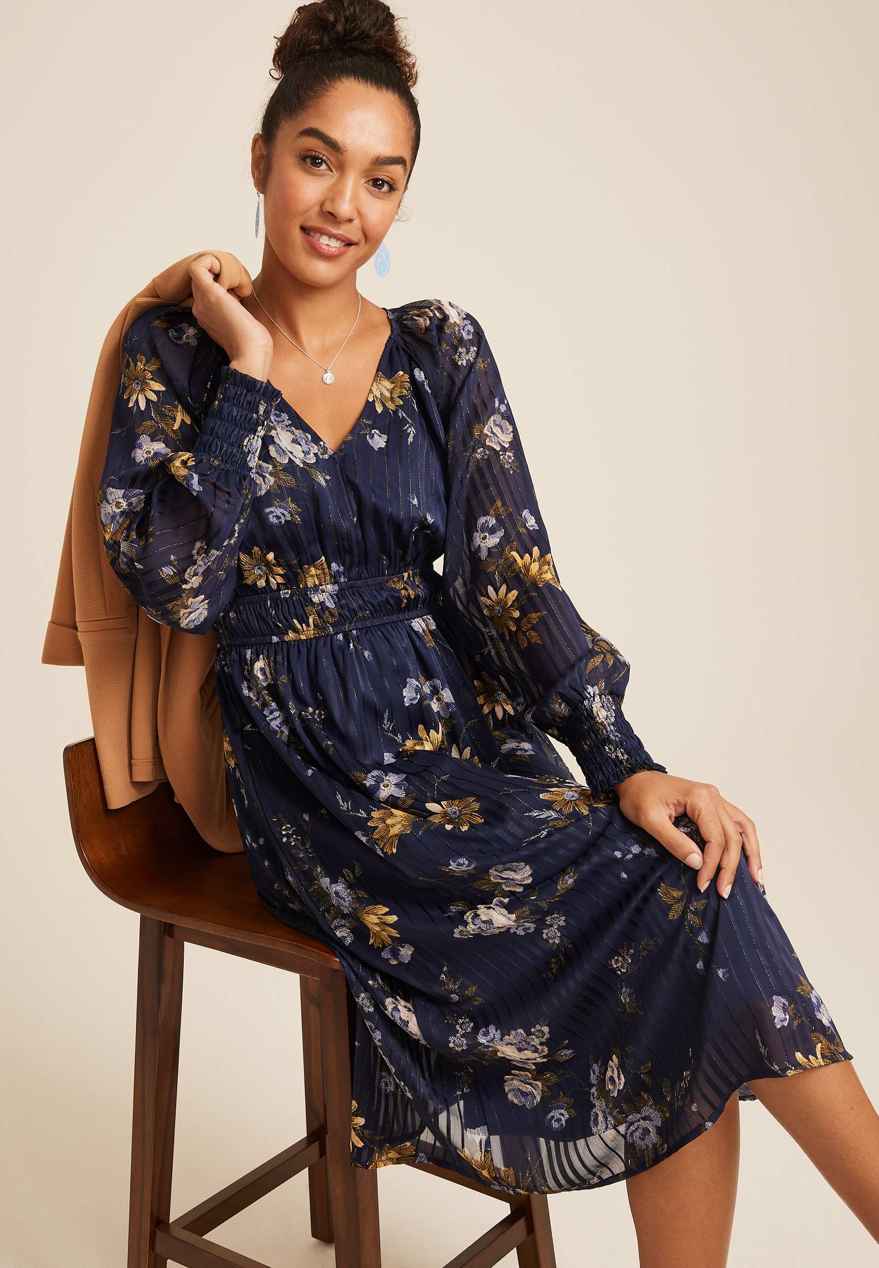 Floral Long Sleeve Midi Dress, BLUE JASMINE COMBO, large