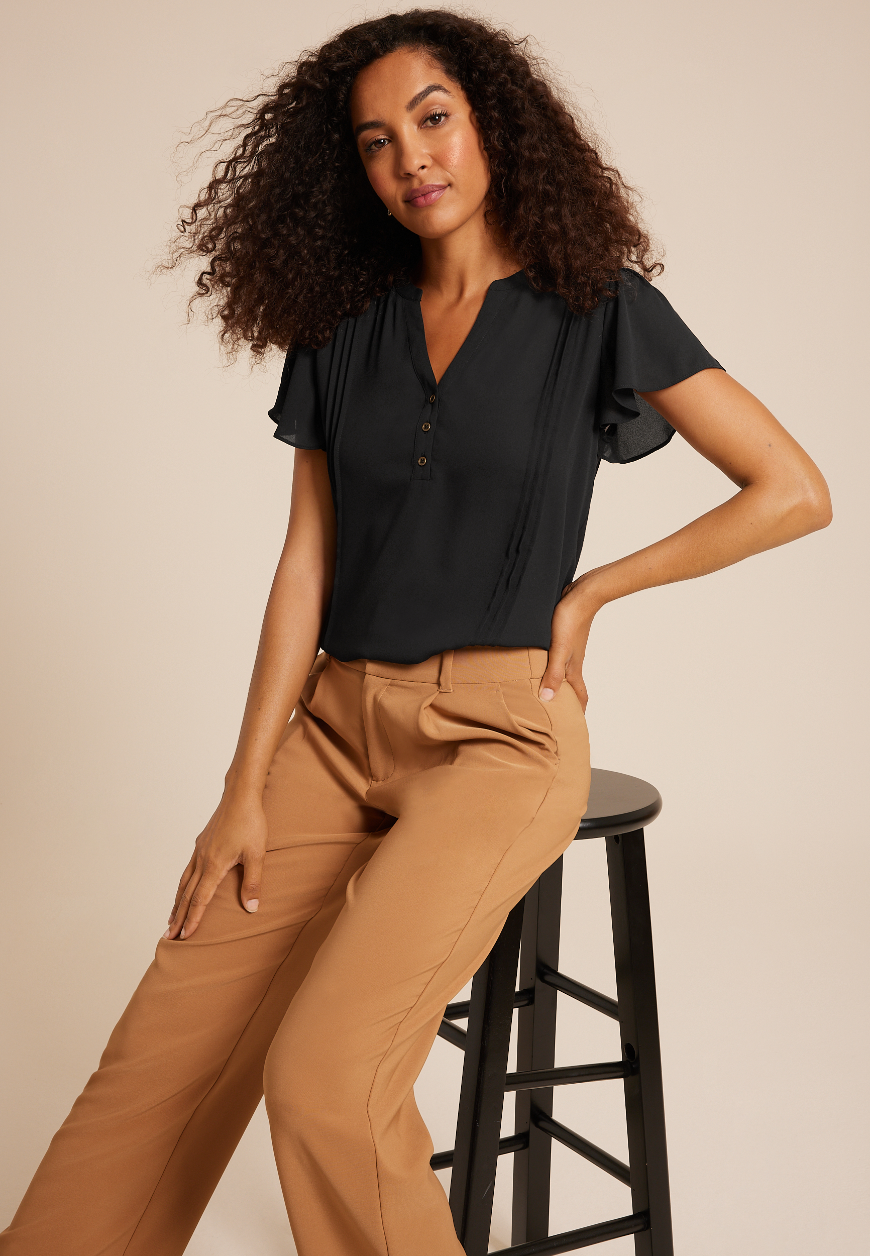 Mixed Fabric Flutter Sleeve Blouse, C106, large