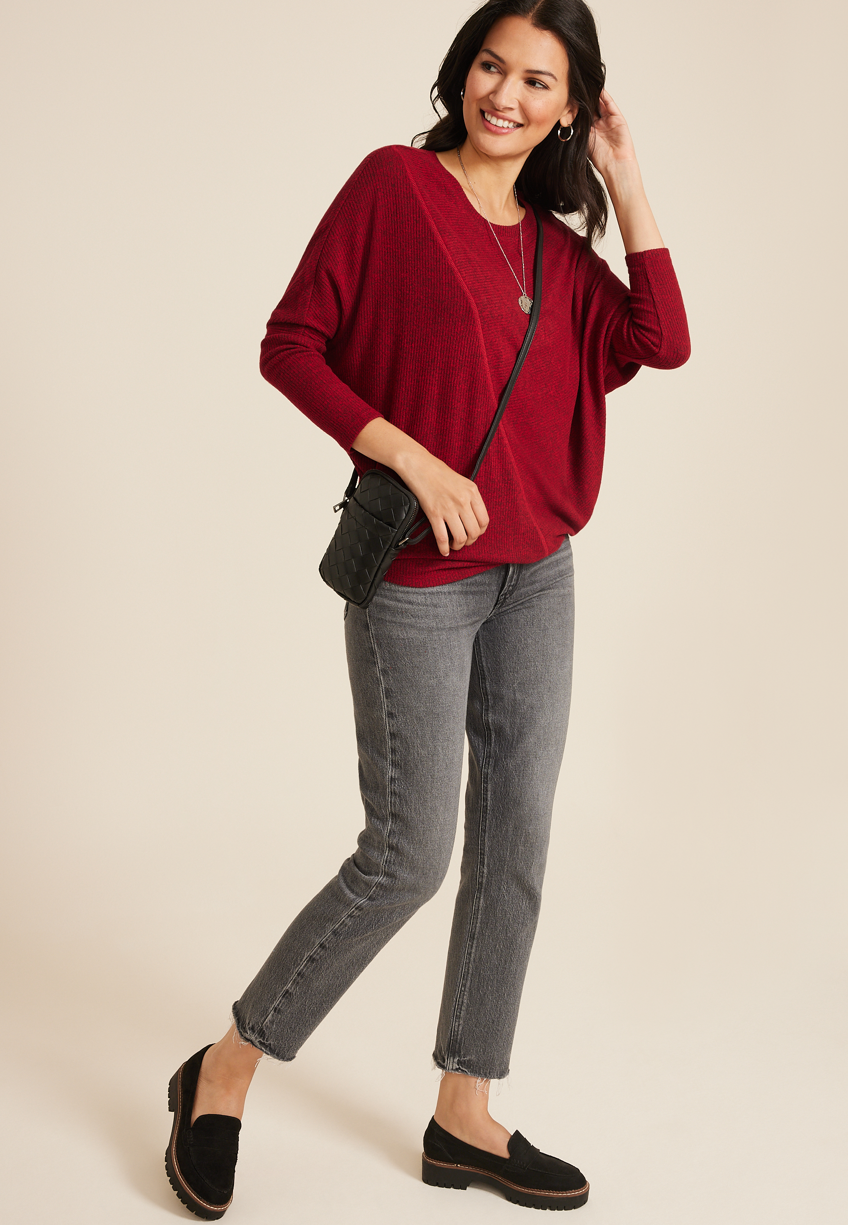 24/7 Dakota Ribbed Dolman Top, REBEL RED, large