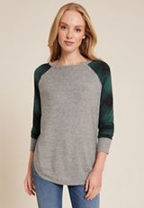 Haven Round Hem Buffalo Plaid Sleeve Tunic, HEATHER GRAY COMBO, small