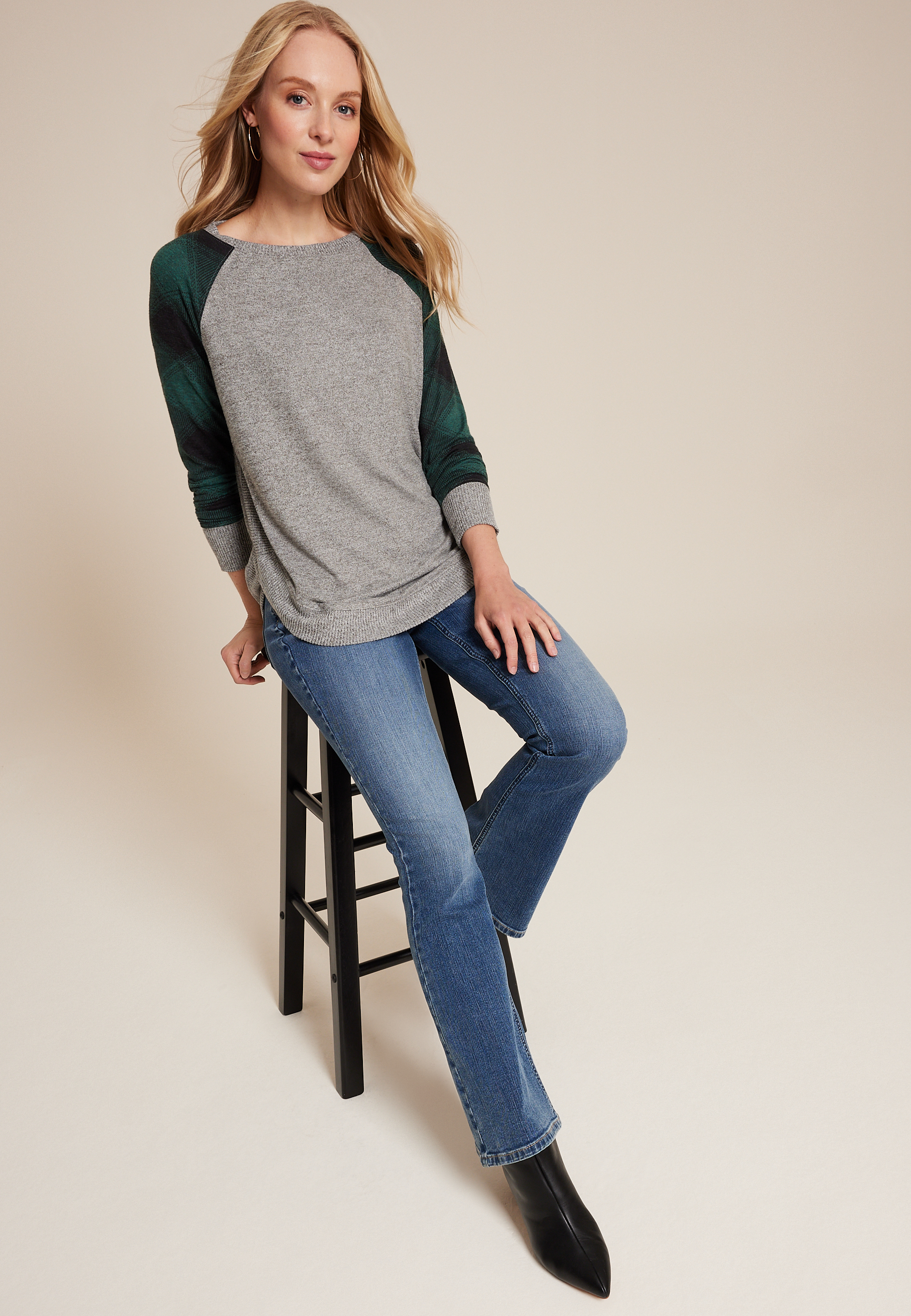 Haven Round Hem Buffalo Plaid Sleeve Tunic, HEATHER GRAY COMBO, large