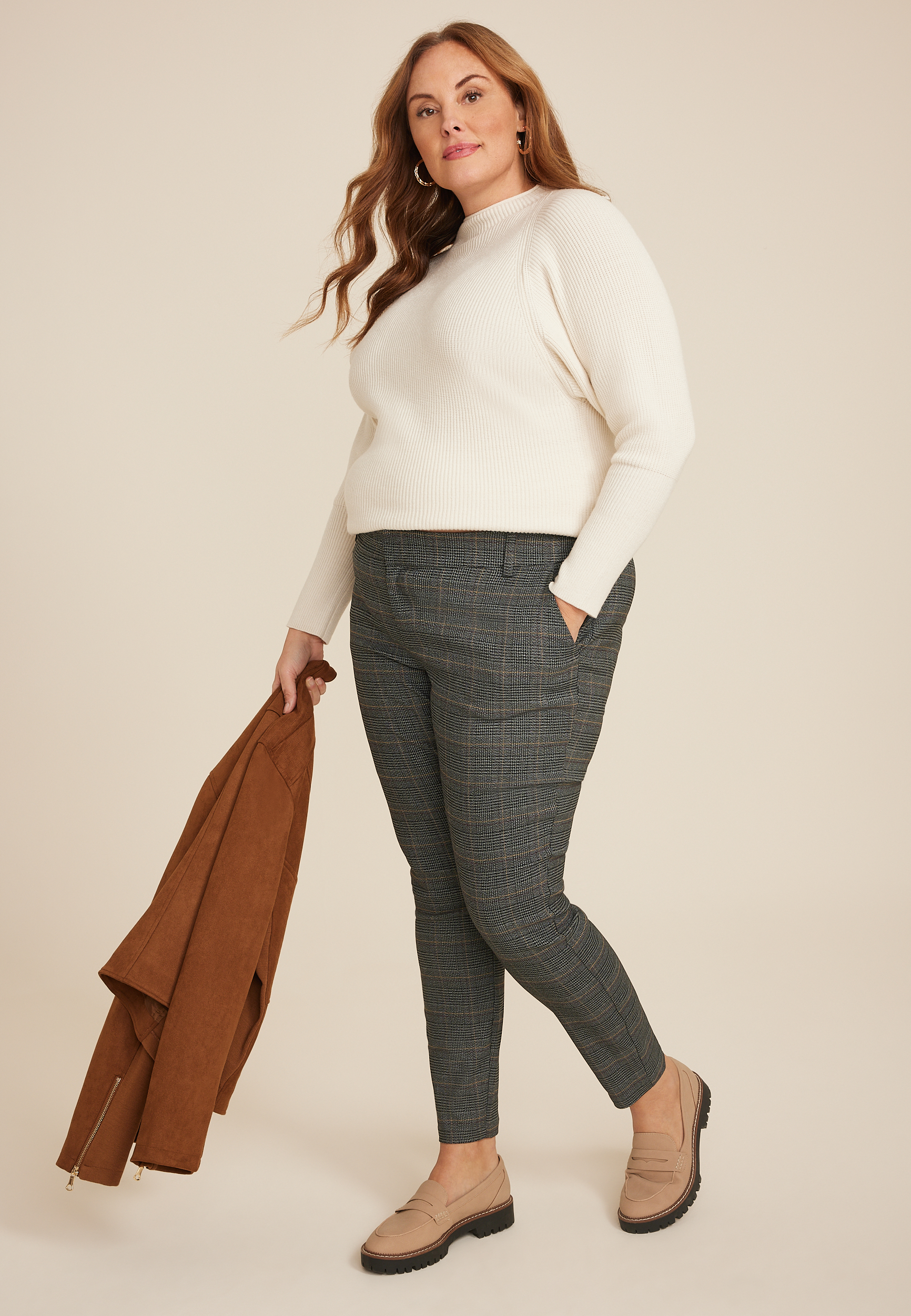 Plus Size Bengaline Plaid Constructed Waist Mid Rise Skinny Dress Pant, GRAY COMBO, large