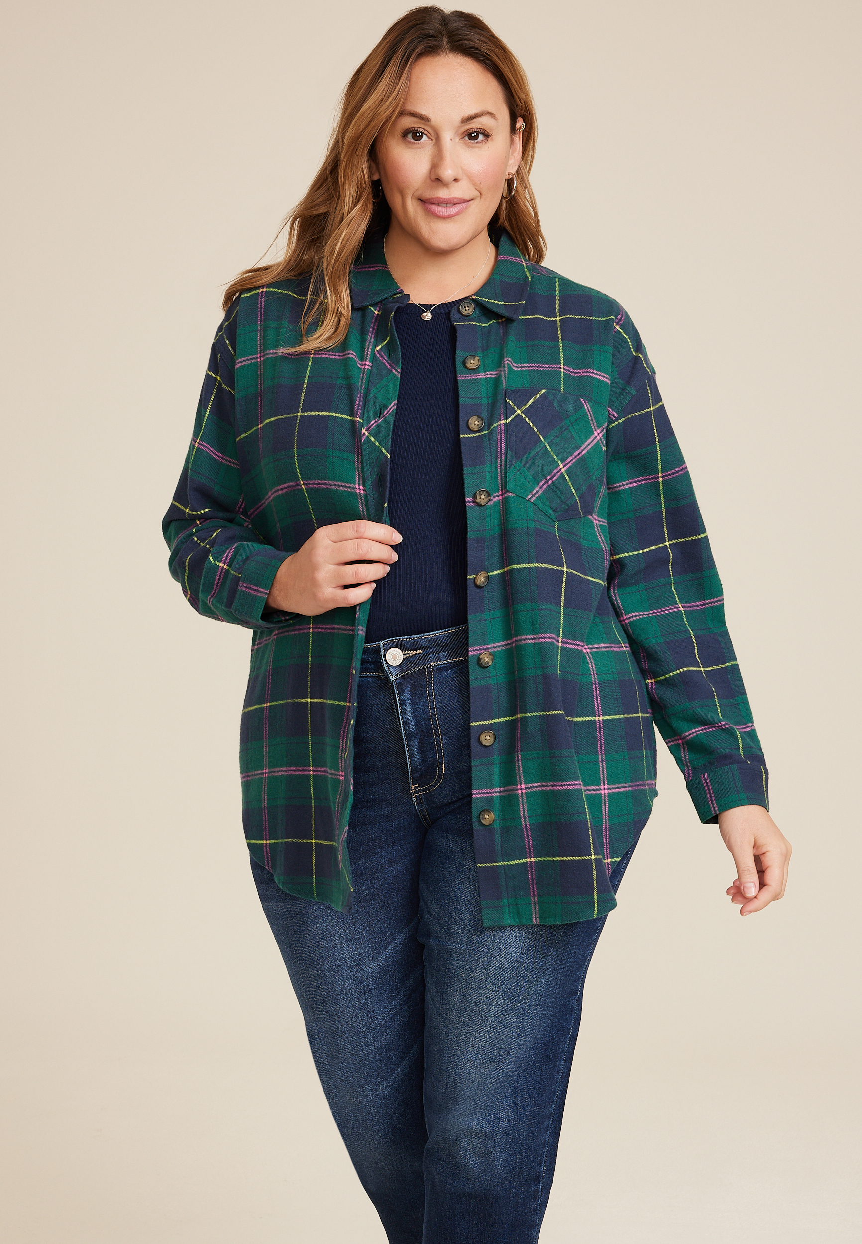 Plus Cabin Plaid Boyfriend Tunic Shirt