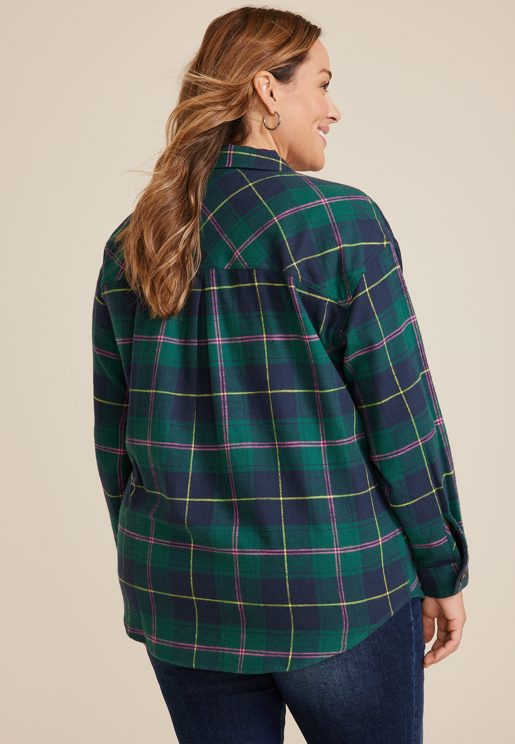 Plus Size Cabin Plaid Boyfriend Tunic Shirt, C3409, large