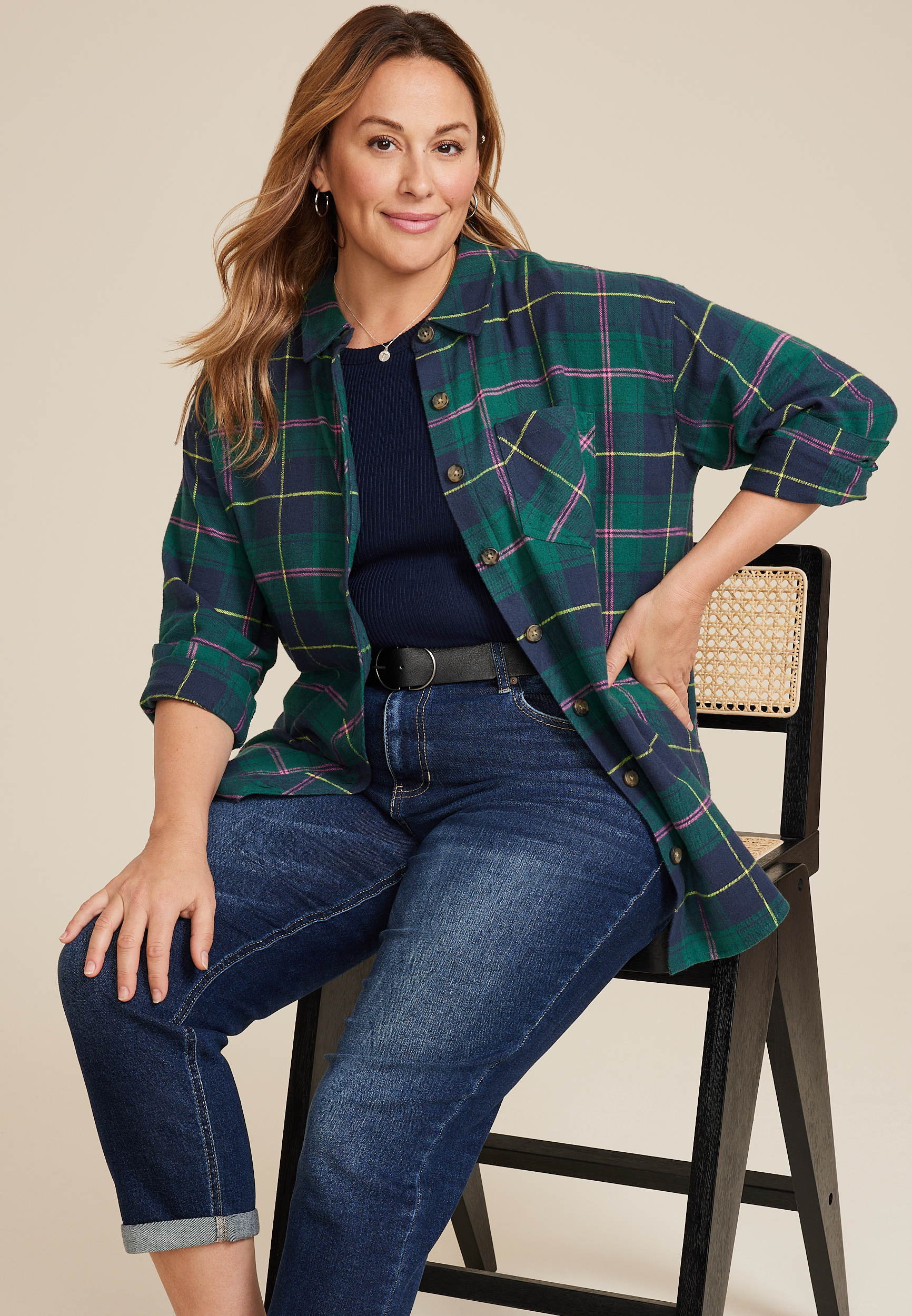 Plus Size Cabin Plaid Boyfriend Tunic Shirt, C3409, large