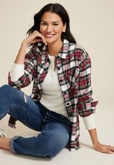 Cabin Plaid Boyfriend Button Down Shirt, WHITE COMBO, small