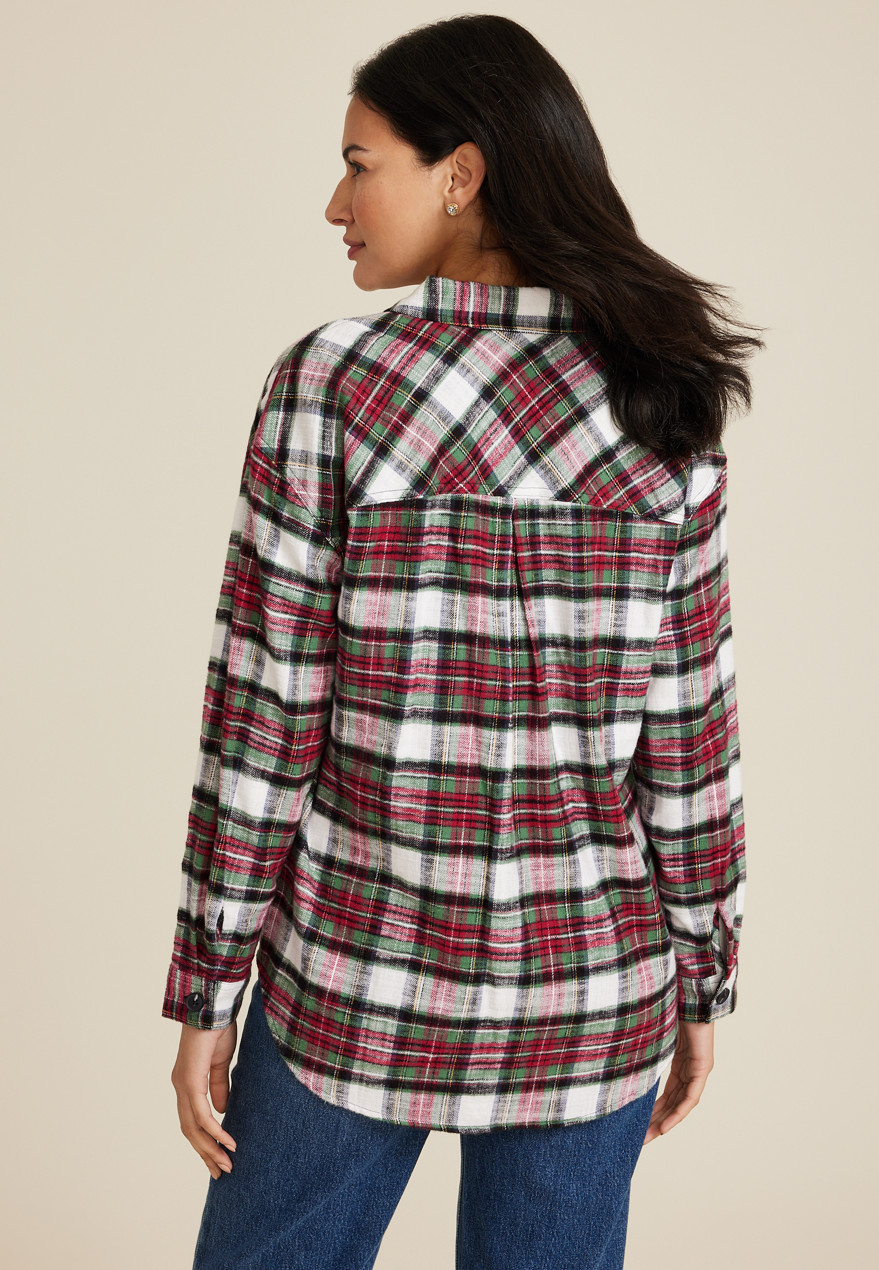 Cabin Plaid Boyfriend Button Down Shirt, WHITE COMBO, large