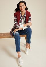 Cabin Plaid Boyfriend Button Down Shirt, WHITE COMBO, small
