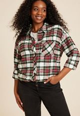 Plus Size Cabin Plaid Boyfriend Button Down Shirt, WHITE COMBO, small