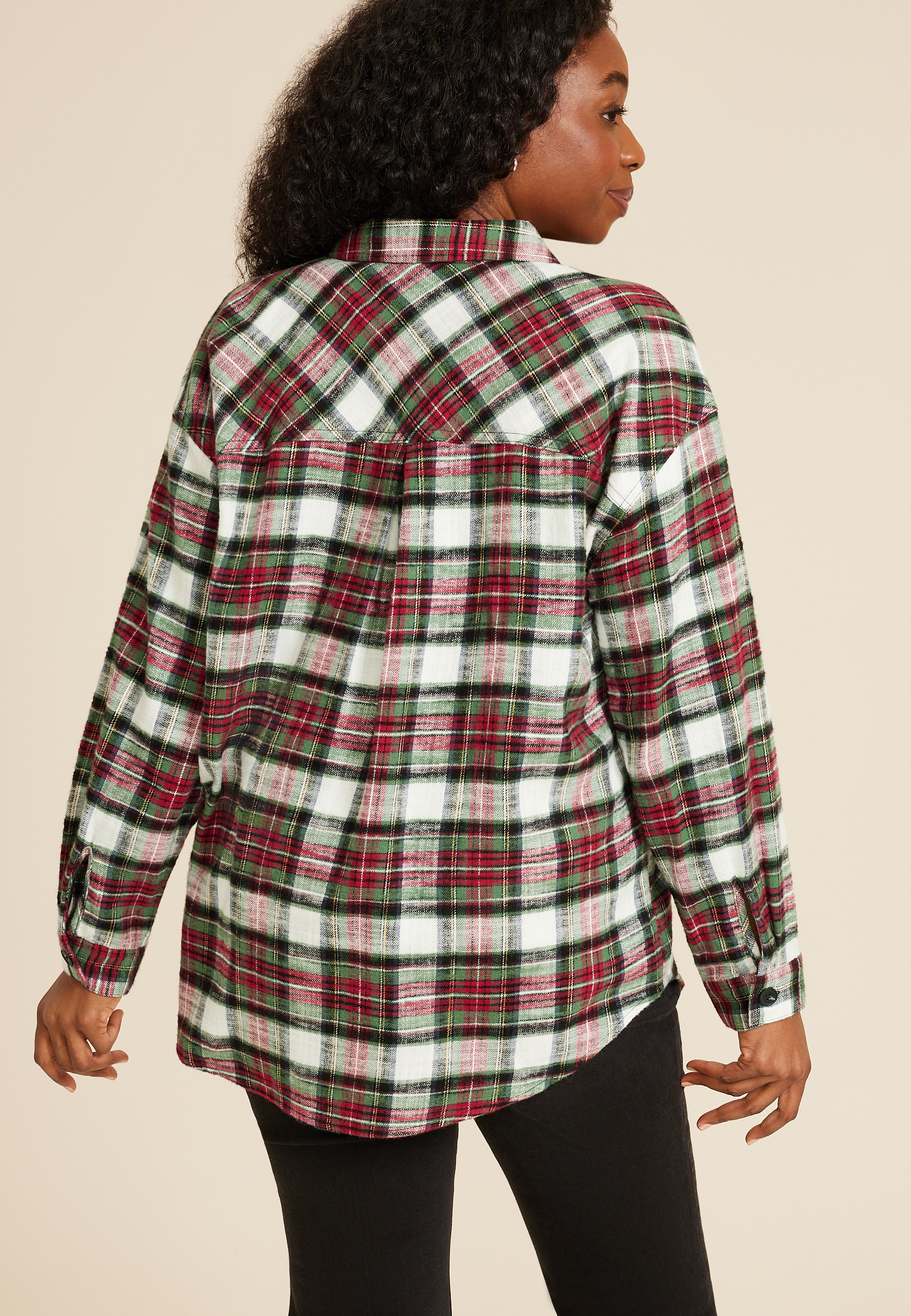 Plus Size Cabin Plaid Boyfriend Button Down Shirt, WHITE COMBO, large