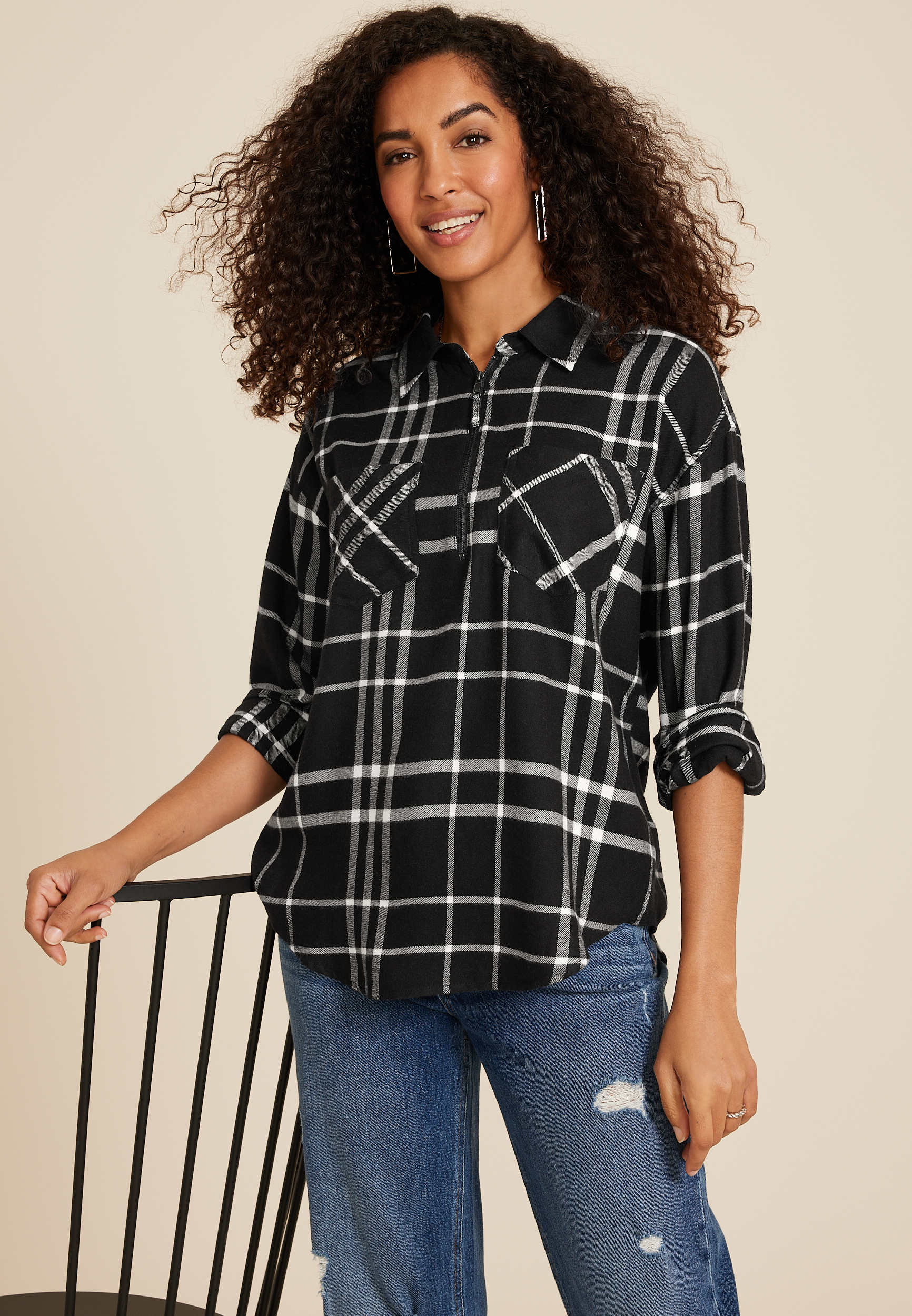 Cabin Plaid Quarter Zip Oversized Top maurices